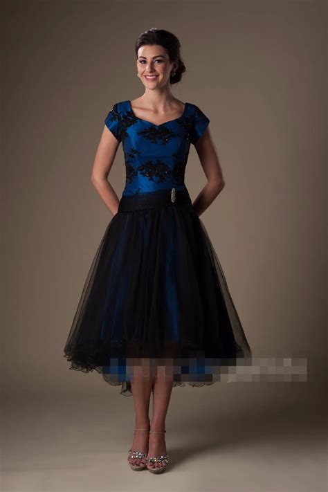 Royal Blue Black High Low Modest Prom Dresses Short With Cap Sleeves ...