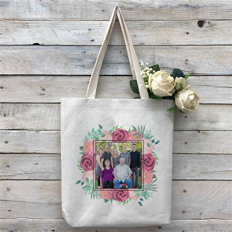 Custom Flower Frame Photo Tote Bag, Linen Bag, Personalized Tote Bag ...