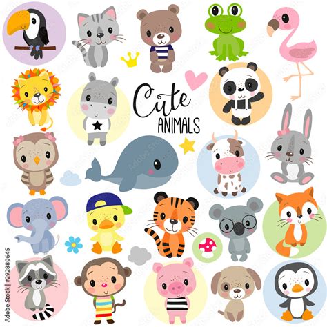 Cute Cartoon Animals on a white background Stock Vector | Adobe Stock