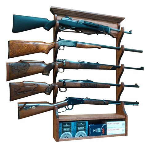 Oak Wooden Gun Rack 5 Place Rifle Shotgun Wall Display - Ammo Storage ...