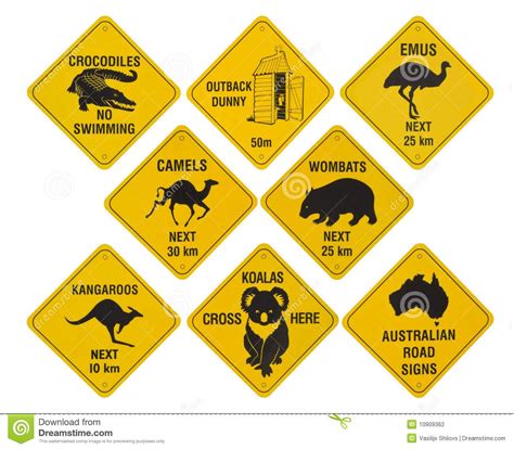 Photo about Many yellow road signs from australia, isolated on white ...