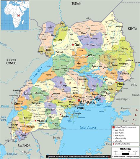 Large detailed administrative map of Uganda with all cities, roads and ...