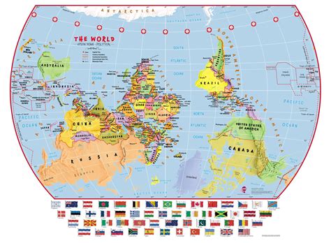 Large Elementary School Upside-Down Political World Wall Map with flags ...