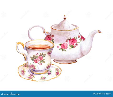 Tea Cup and Teapot with Flowers. Watercolor Stock Illustration ...