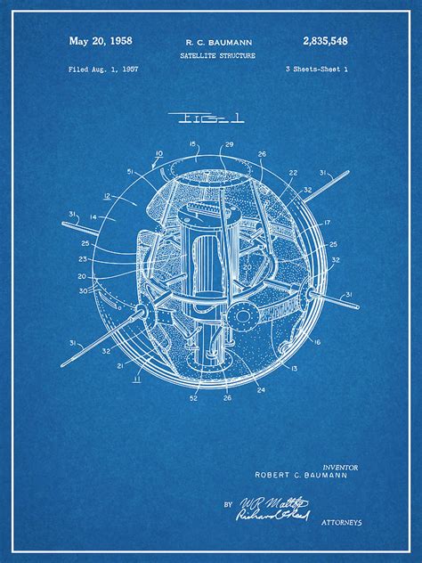 1957 Satellite Structure Sputnik Blueprint Patent Print Drawing by Greg ...