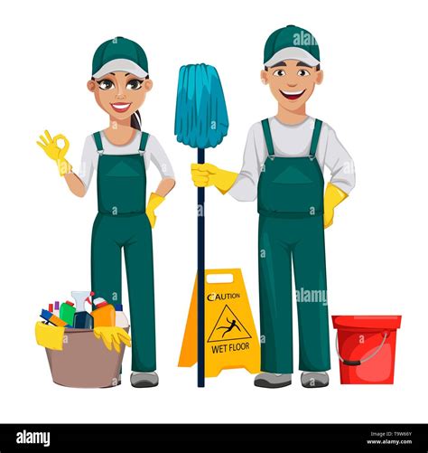 Cleaner man holds mop and woman shows ok sign. Cheerful cartoon ...