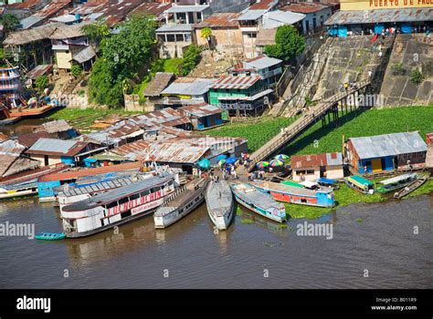 Peru, Amazon, Amazon River, Iquitos. Aerial view of the port, harbour ...