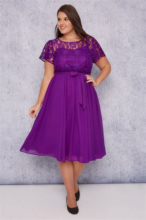 SCARLETT & JO Purple Midi Dress With Lace Top & Pleated Skirt, Plus ...