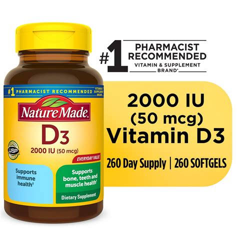 Nature Made Vitamin D3 2000 IU (50 mcg) Softgels, Dietary Supplement ...