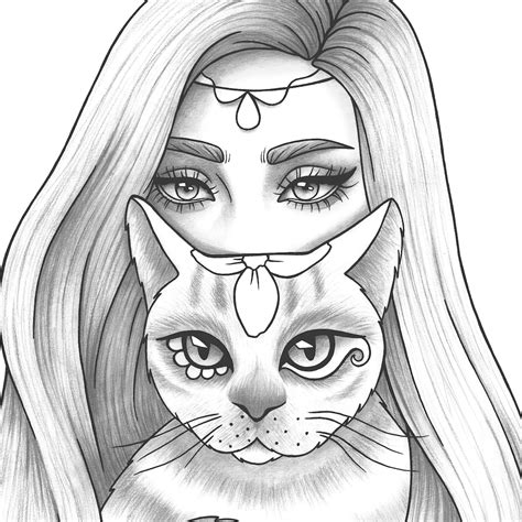 Printable Coloring Page Girl Portrait and Cat Colouring Sheet Animals ...