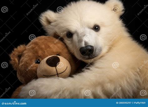 Polar Bear Cub Hugging a Bear Toy, on Black Background Stock Image ...