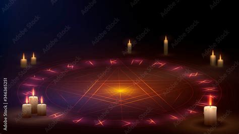 A star in a circle on the floor with candles, a magic ritual of ...