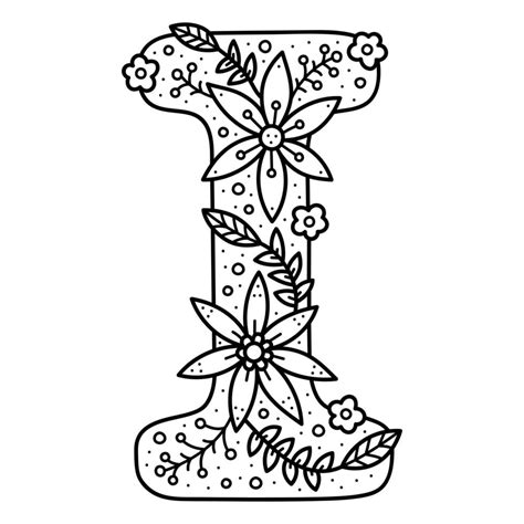 Floral alphabet. Colorless doodle letter I. Coloring book for adults ...