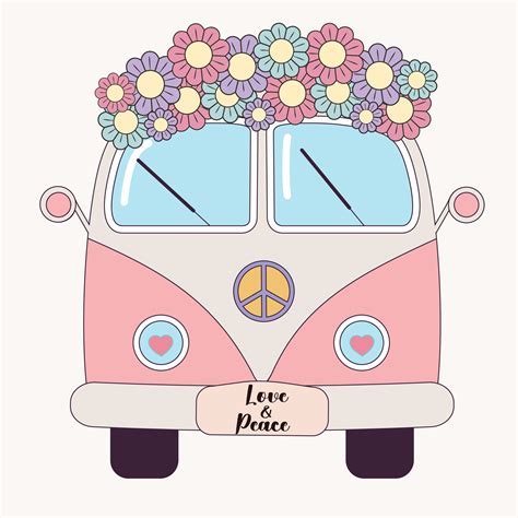 Hippie vintage bus with flowers. Groovy retro hippie travel van. Peace ...