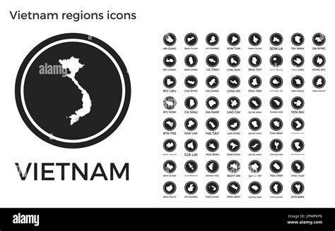 Vietnam regions icons. Black round logos with country regions maps and ...