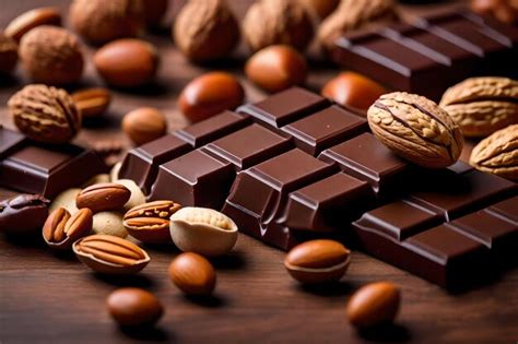 Premium AI Image | A dark chocolate bar with nuts and nuts on a wooden ...