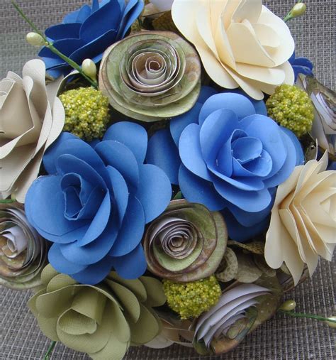 Paper Flower Wedding Bouquet In blues sage and Ivory with