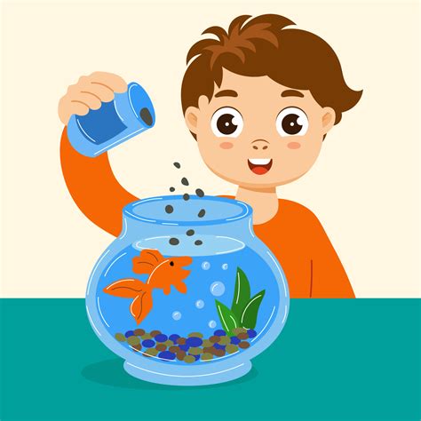 A cute boy is feeding a fish in a round glass aquarium. Baby ...