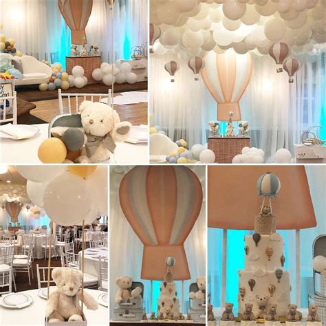 a collage of photos with balloons, teddy bears and other items in the room