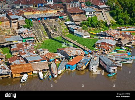 Peru, Amazon, Amazon River, Iquitos. Aerial view of the port, harbour ...