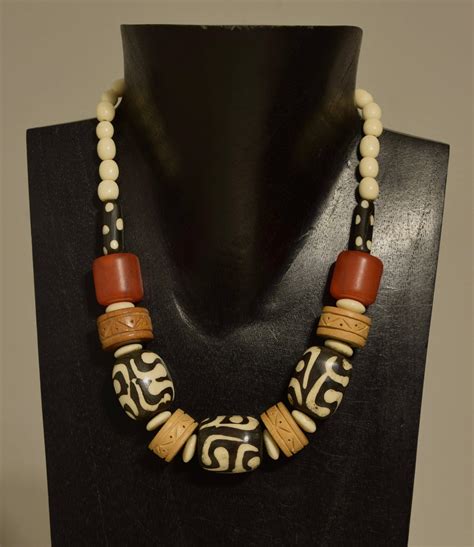 Necklace African Amber Batik Bone Wood Short Handcrafted Tribal Jewelry ...