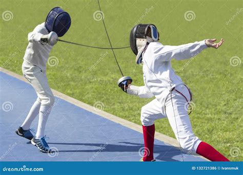 Two Young Man Fencing Athletes Fight Stock Photo - Image of fencing ...