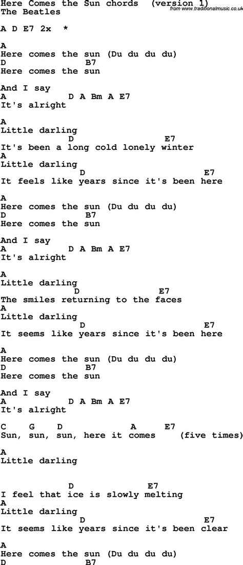 Song lyrics with guitar chords for Here Comes The Sun - The Beatles in ...