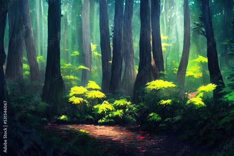 Forest background. Dark forrest nature view, anime style, style, toon ...