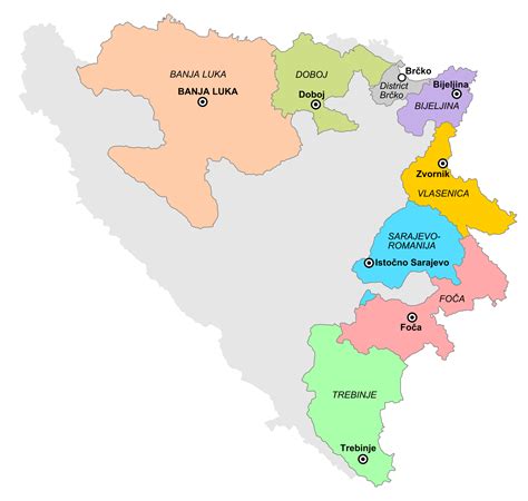 The 7 regions of Republika Srpska with their capitals (Brčko District ...