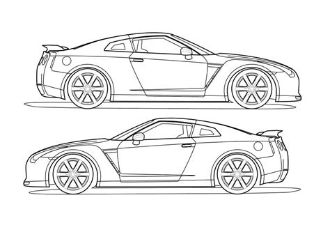 Side view vector line drawing of a Nissan GT-R - TrashedGraphics