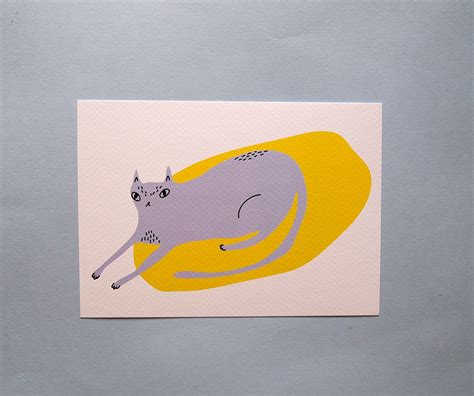 Purple Cat Art Print With Yellow Background - Etsy