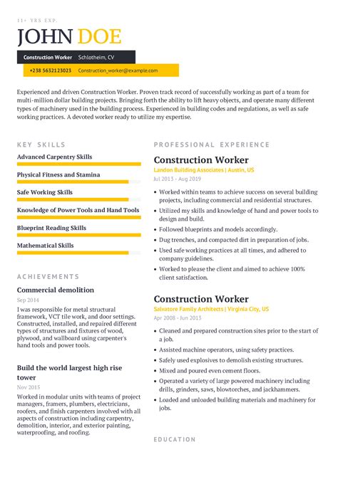 Construction Worker Resume Sample