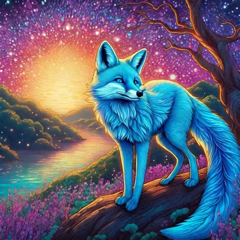 cyan blue fox, 2D, hyper detailed drawing, colored p...