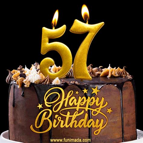 57 Birthday Chocolate Cake with Gold Glitter Number 57 Candles (GIF ...