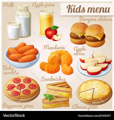 Kids menu Set of cartoon food icons Royalty Free Vector