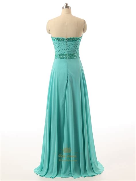 Turquoise Blue Chiffon Strapless Sweetheart Beaded Bodice Evening Dress ...