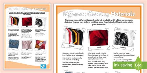 Different Fabrics and Materials for Clothing Poster 3rd and 4th Classes ...