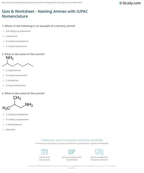 Quiz & Worksheet - Naming Amines with IUPAC Nomenclature | Study.com