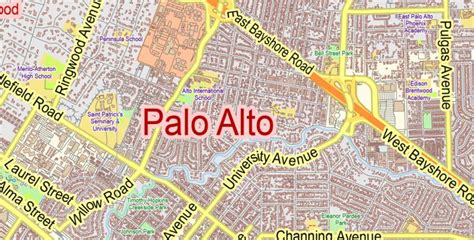 Palo Alto Mountain View California US PDF Map Vector Exact City Plan ...