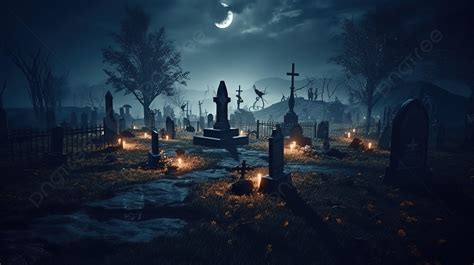 Creepy Graveyard Scene With Lights On And Graves Background, 3d ...