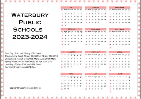 Waterbury Public Schools Calendar with Holidays 2023-2024