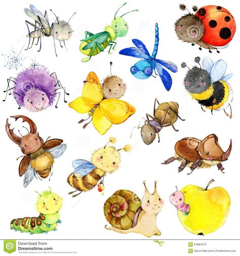 Illustration about Funny insects collection. Watercolor Cartoon insect ...