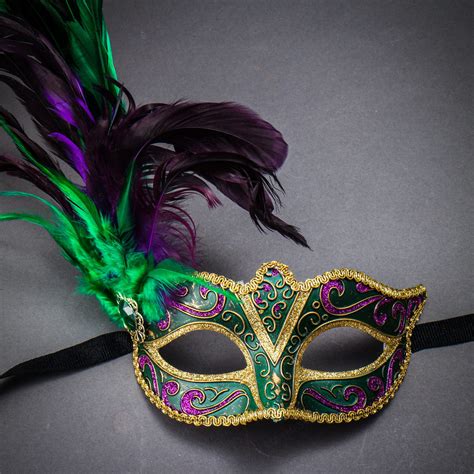 Mardi Gras Glitter Masquerade Mask with Side Feather - Green