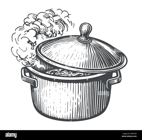 Pot with boiling soup or sauce, saucepan with open lid. Cooking Pan and ...