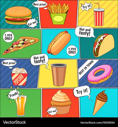 Fast food comic panels collection poster Vector Image