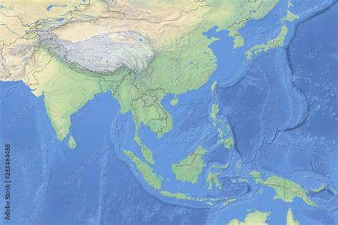 Physical map of countries in South East Asia - detailed topography in ...