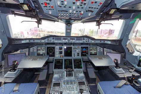 Airbus A380 passenger plane cockpit flight deck view Stock Photo ...