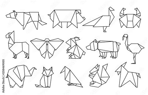 Line origami animals. Abstract polygon animals, folded paper shapes ...