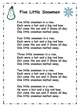 Five Little Snowmen Song Lyrics Sheet by Songs For Fun and Learning