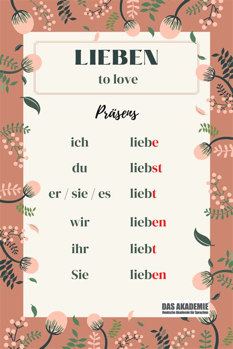 Conjugation of the German verb 'lieben' - 'to love' | German grammar ...